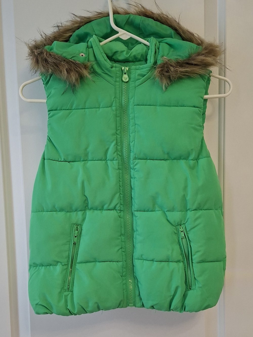 Justice Green Quilted Hooded Vest Faux Fur zipper pockets size 12